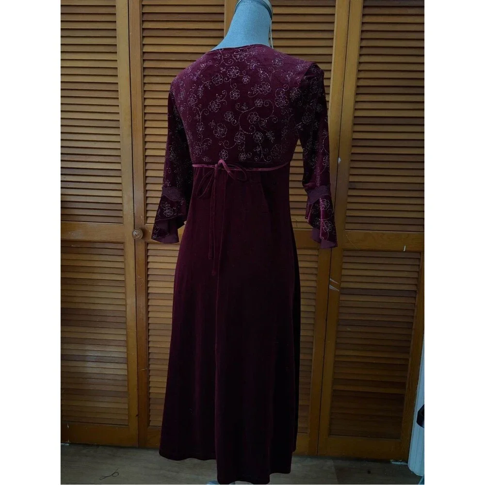 Vintage 90s Iz Byer Sequin Glitter Floral Burgundy Flutter Sleeve Velour Dress